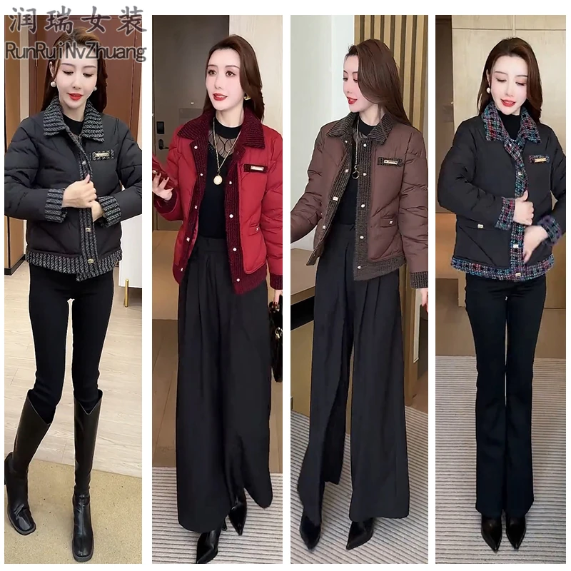 2025冬季穿搭韩版拼接短款棉服女新款小个子休闲百搭加厚保暖棉袄