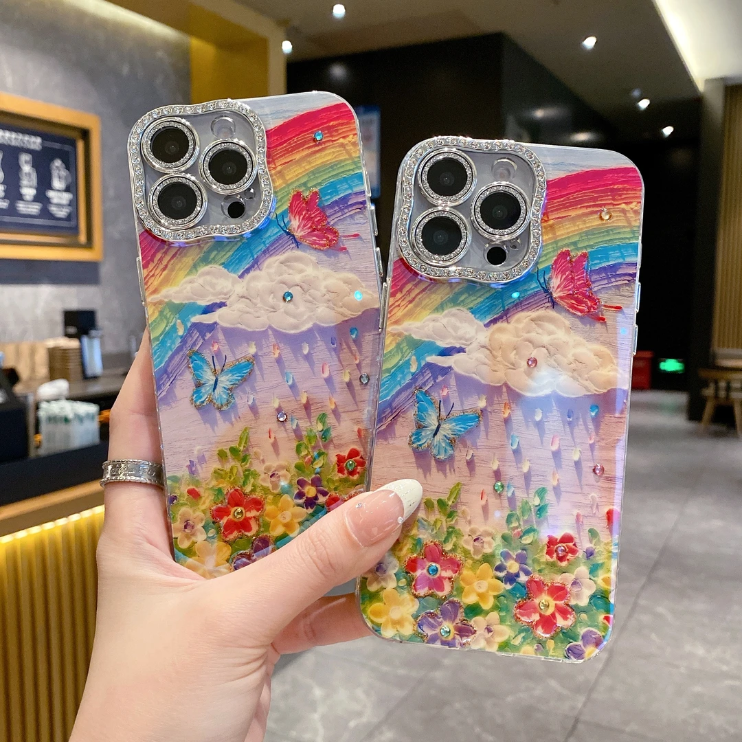 彩虹雨花海蝴蝶iPhone16苹果系列15/14/13/12/11扭钻边框防摔