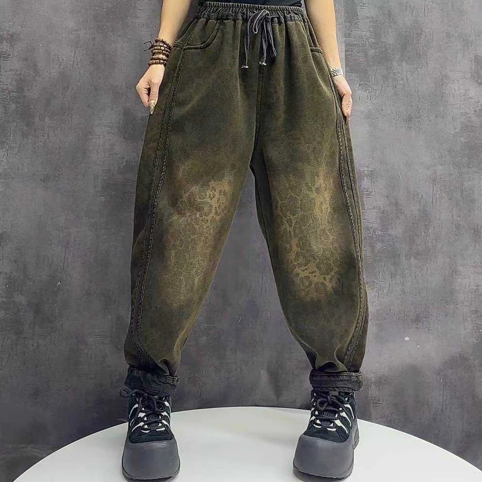 2024加绒加厚冬季宽松厚百搭豹纹字休闲松紧水洗哈伦裤牛仔裤大码