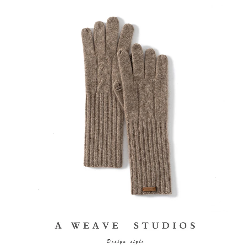 重磅高端女士100%山羊绒手套加长绞花针织保暖分指手套秋冬季