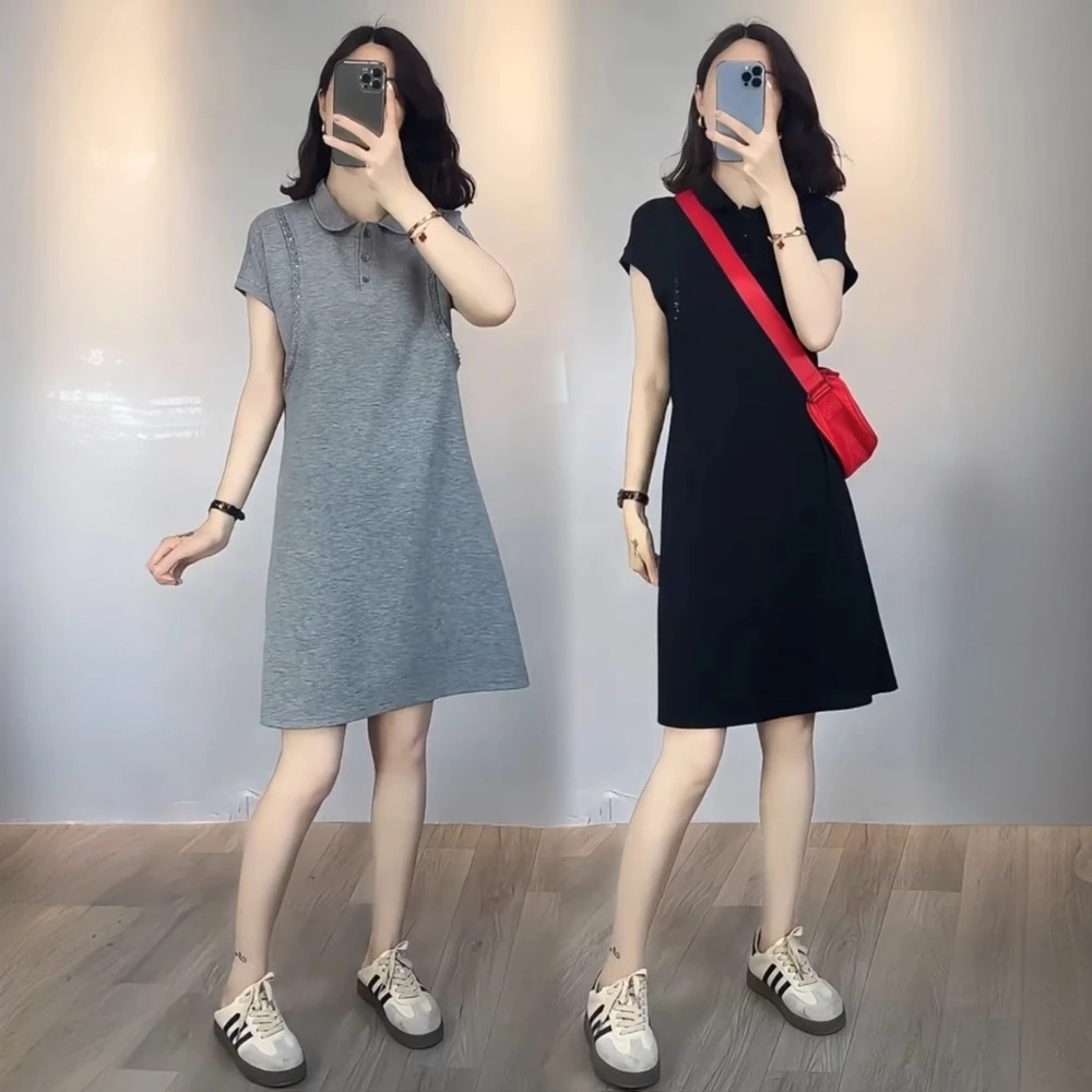 高级感简约休闲polo领短袖连衣裙夏季新款气质宽松显瘦设计感裙子