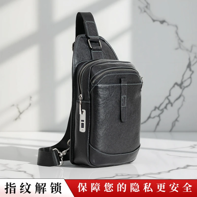 男士包包真皮胸前包指纹解锁多功能单肩包质感时尚斜挎包竖款背包