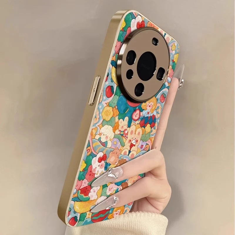 彩绘兔子适用华为mate70pro手机壳新款m60电镀小羊皮mt50带支架