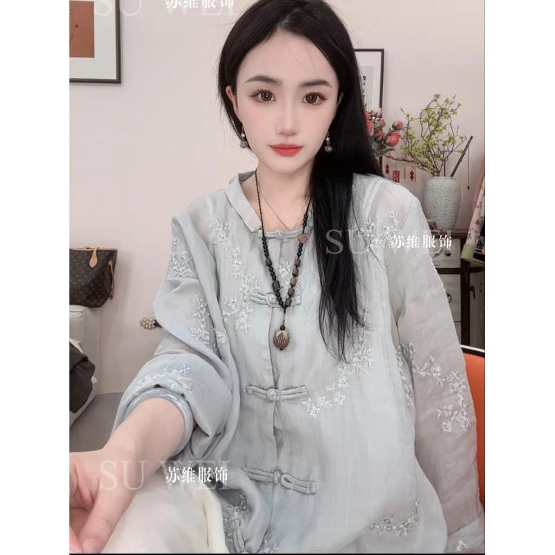 9528刺绣苎麻衬衫绣花夏季提花新中式小衫气质2025年新款