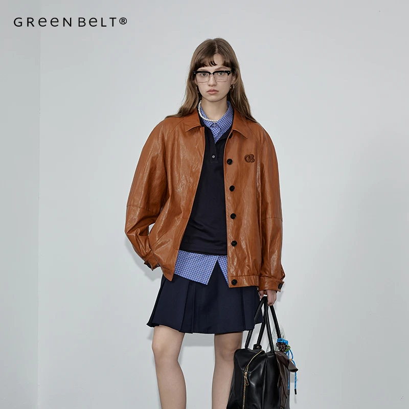 GREEN BELT纯色美拉德PU皮夹克女2024秋季新款高级宽松百搭外套