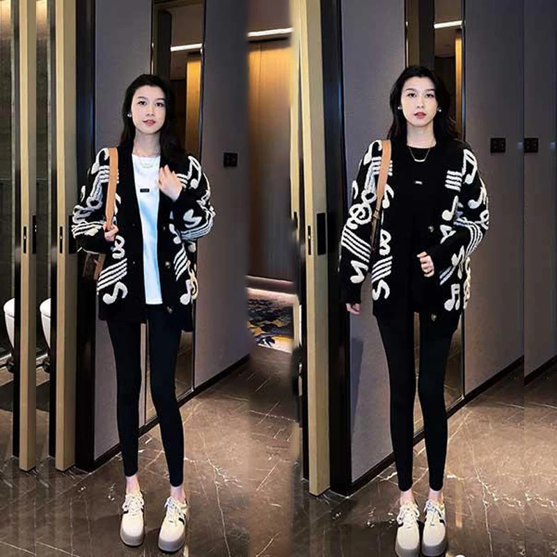 慵懒风时尚中长款针织衫女秋冬季毛衣开衫外套黑色长袖上衣外套潮