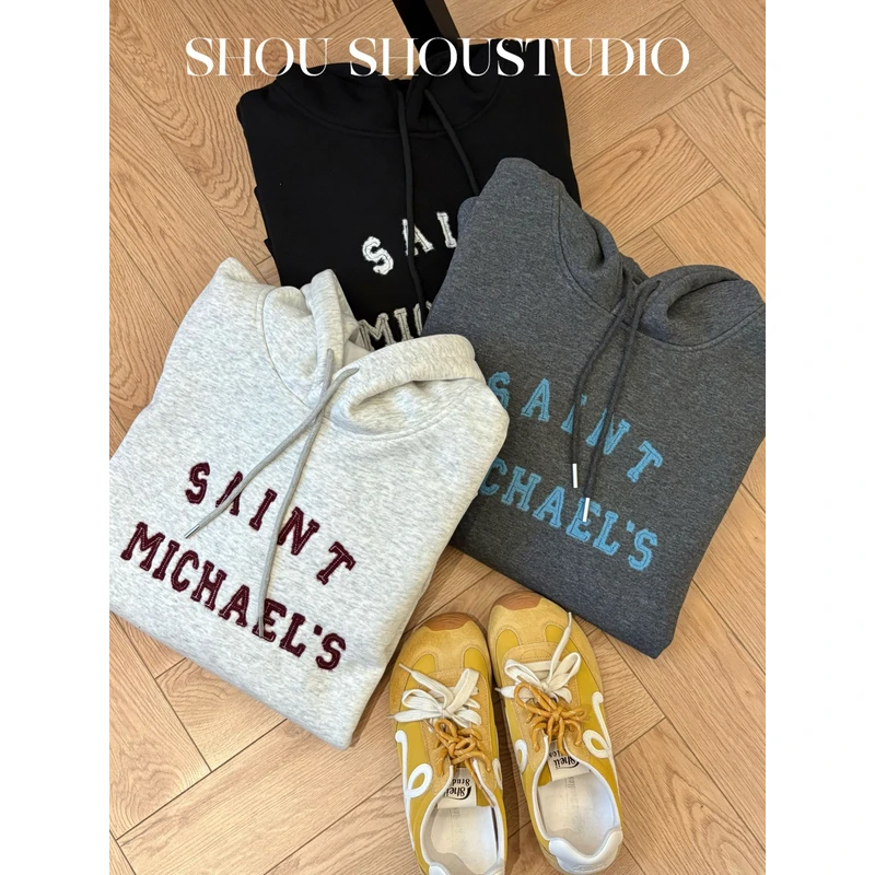 【夏夏】大码连帽抽绳加绒字母刺绣百搭休闲带口袋情侣卫衣S02275