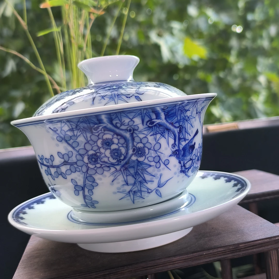 一物一拍景德镇纯手工手绘花鸟三才盖碗