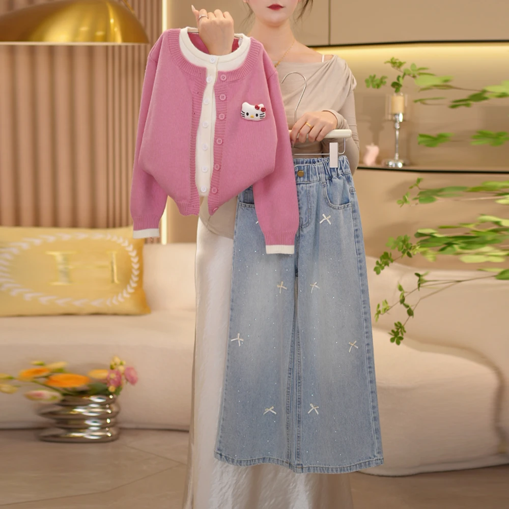 【闺蜜家】女童2025秋季新款时尚假两件上衣+亮钻牛仔裤套装-8053