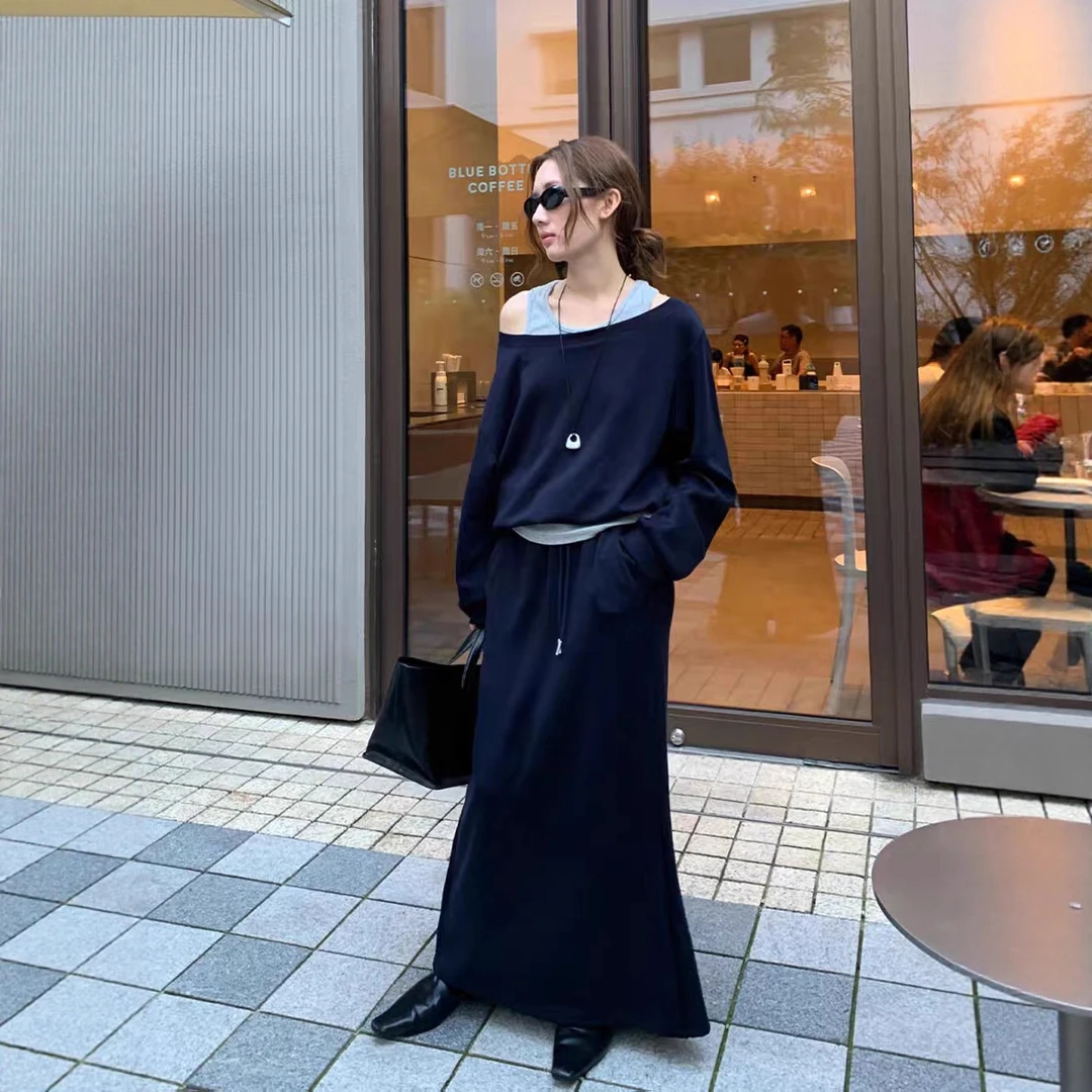 秋季韩系简约斜肩挂脖假两件宽松上衣+松紧半身裙慵懒风套装显瘦