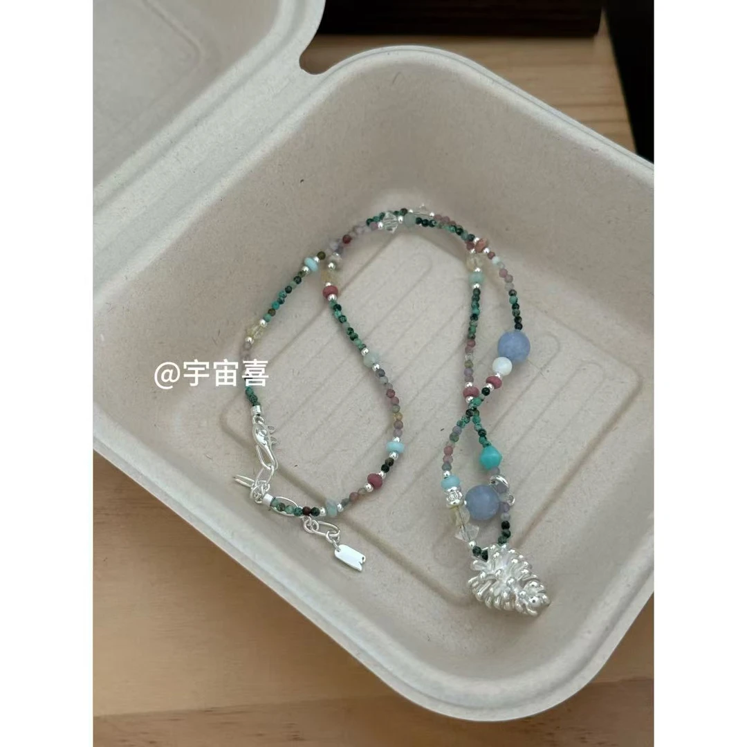 铜合金大理石项链 【手工石头串珠银白色立体松果项链】