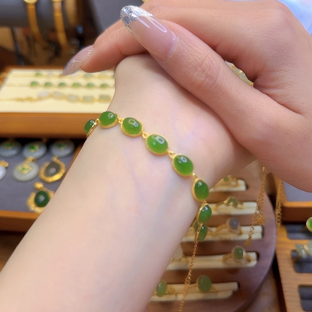和田玉手链银S925镀金镶嵌