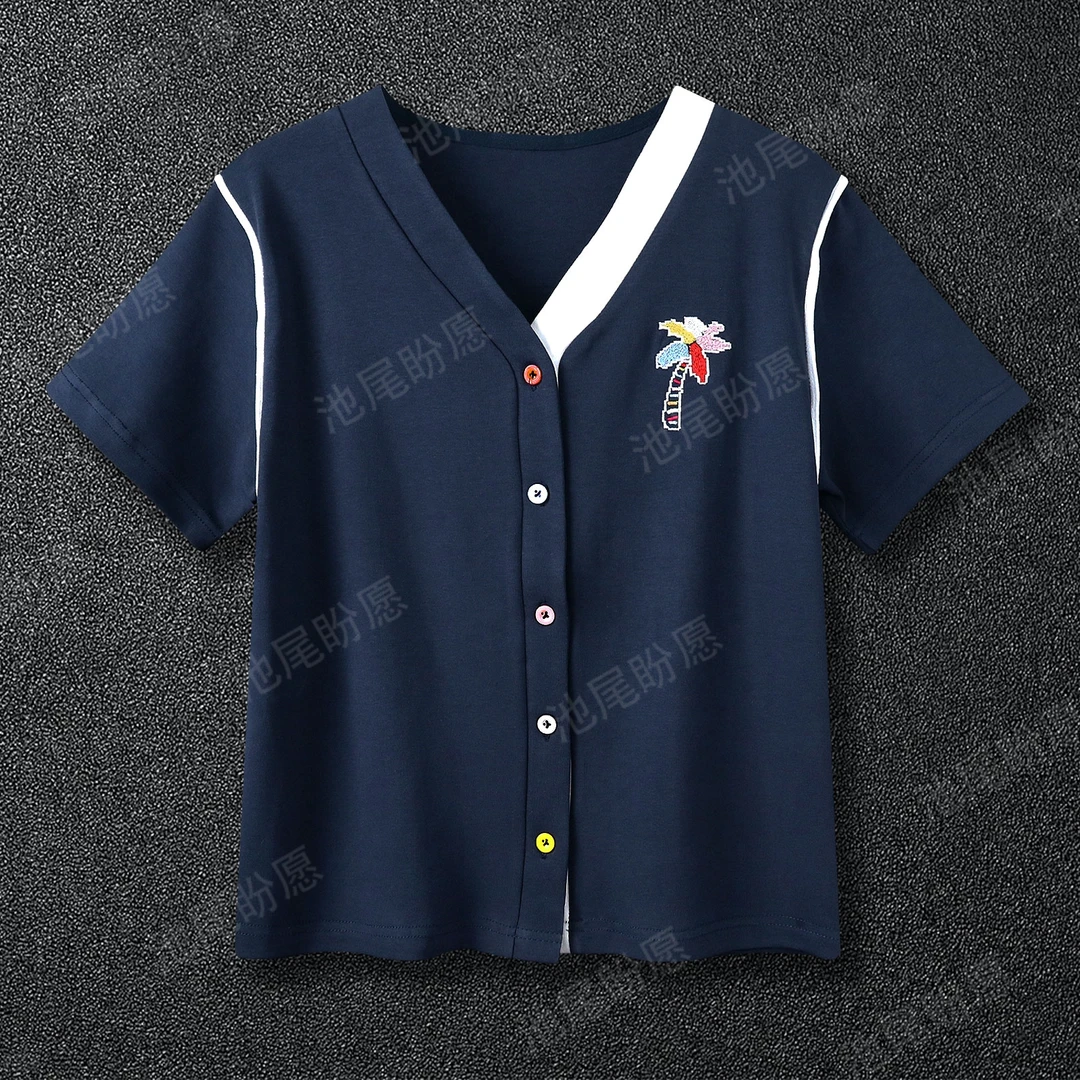 2025夏季新款刺绣短袖T恤女纽扣撞色拼接设计感显瘦百搭V领上衣女