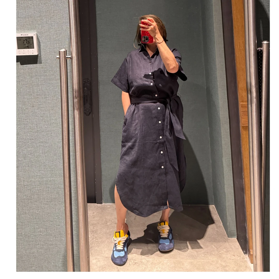 COCOLINDA | 100%亚麻老钱系带衬衫裙拉夫风Q3415