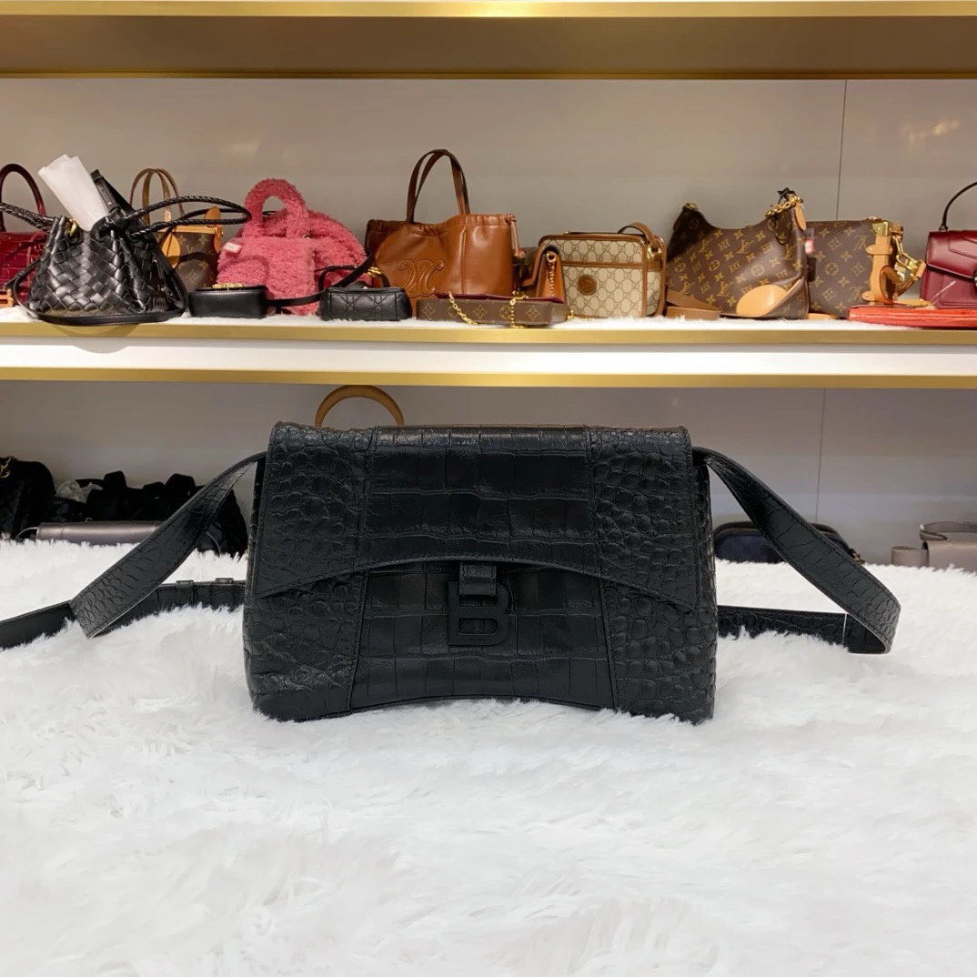 99新 Balenciaga/巴黎世家 巴黎世家黑色鳄鱼压纹小号沙漏包