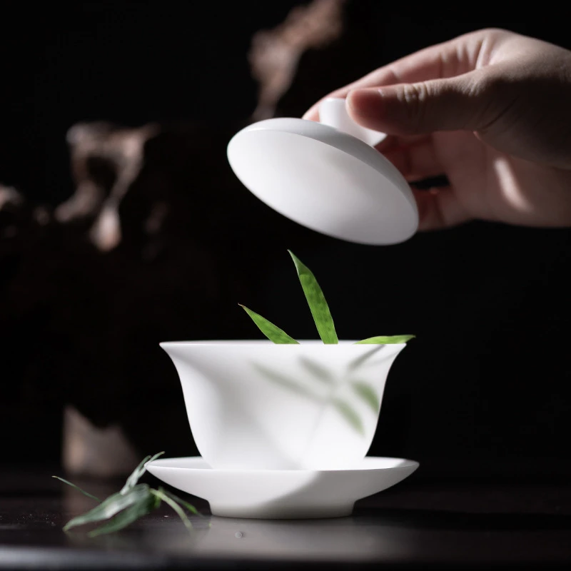 冰种玉瓷薄胎素烧三才白瓷盖碗家用高档功夫茶具单个泡茶碗防烫