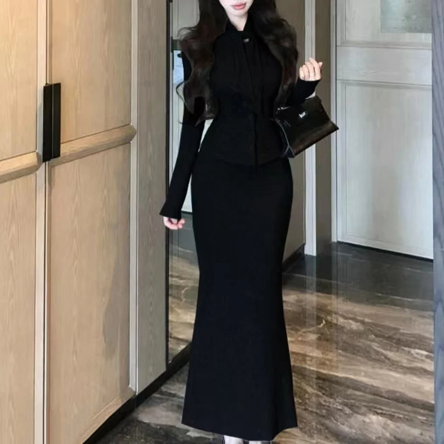 小香风飘带短款毛衣秋冬包臀鱼尾半身裙套装