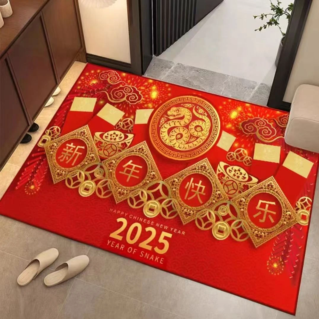 新年鞭炮款门厅红色喜庆地毯地垫升级水晶绒玄关入户门垫家用