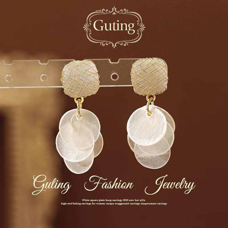 铜合金合成锆石耳饰 21688镂空方糖圆形流苏耳环女设计感耳钉耳饰