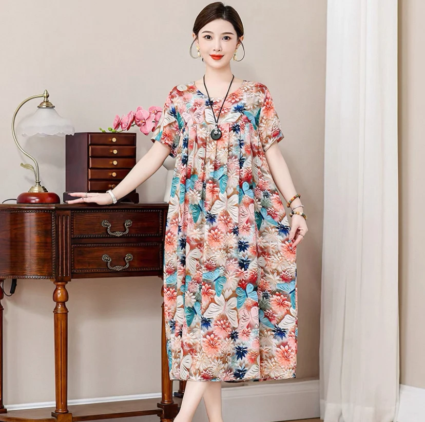 2025新款棉绸连衣裙睡裙薄款气质圆领裙子夏装印花短袖妈妈连衣裙