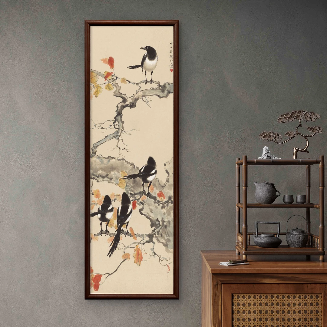 9762 -40*120春日四喜鹊图装饰画实木玄关书房茶室客厅挂画