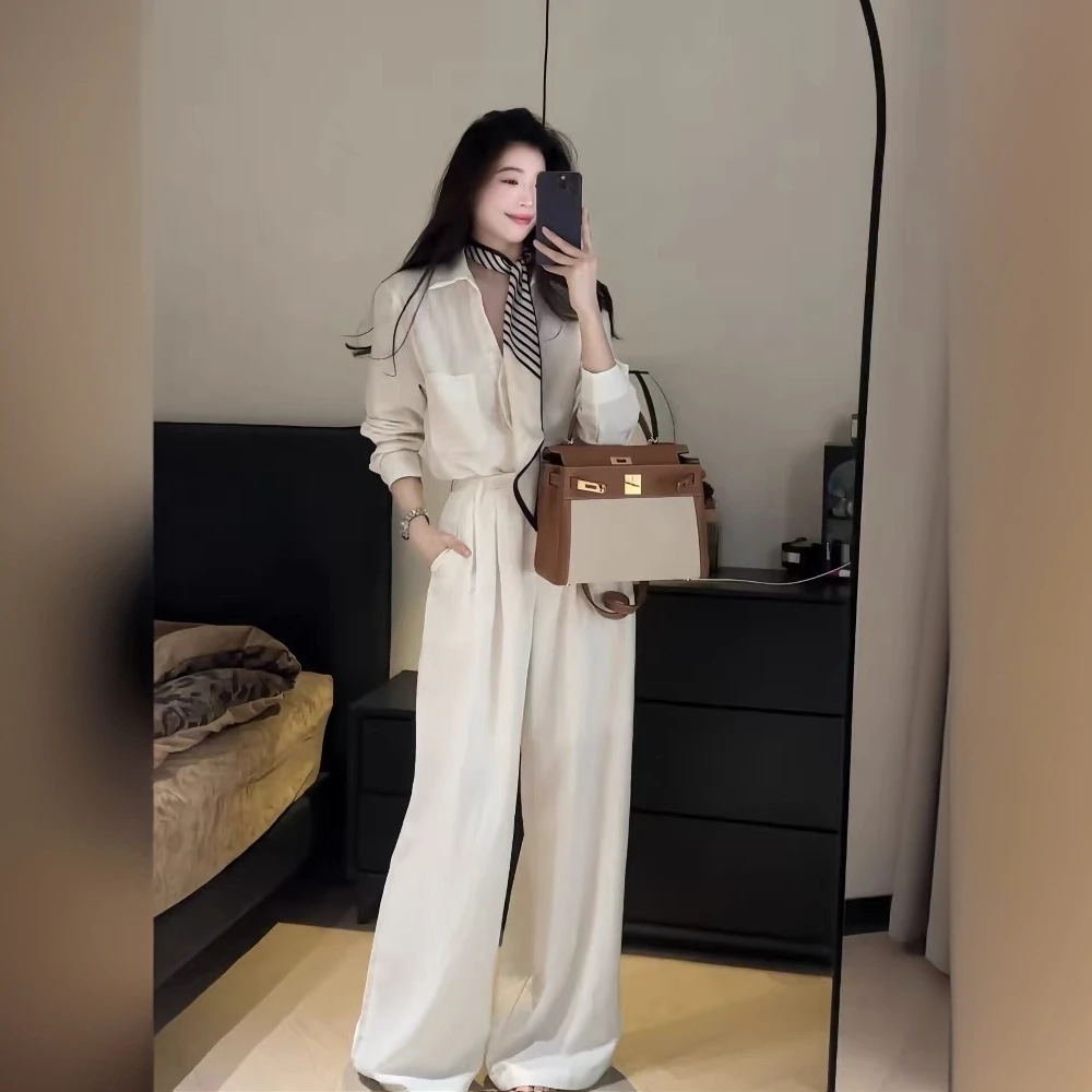 2025夏新款老钱风松弛感宽松百搭白色衬衫高腰阔腿裤三件套配丝巾