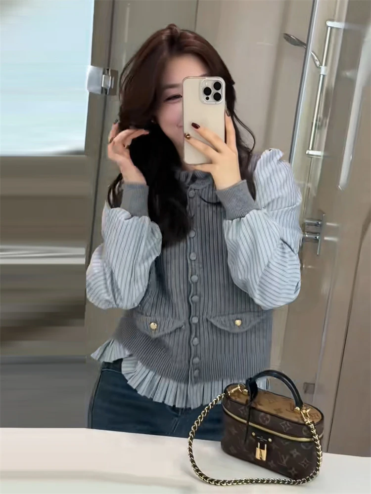 设计感针织拼接条纹衬衫女时尚木耳边立领衬衣秋季新款打底衫上衣