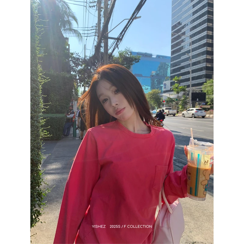 洢社长 复古炒盐做旧纯棉圆领长袖直筒长款“堆堆”T恤