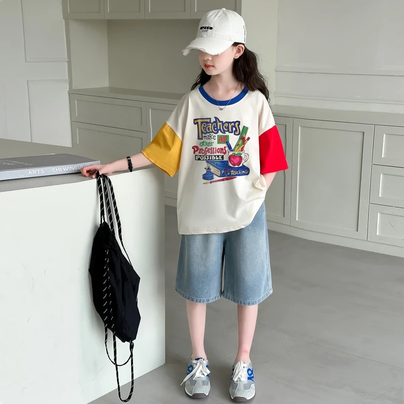 女童夏季短袖短裤套装2025新款儿童洋气韩版宽松休闲两件套中大童