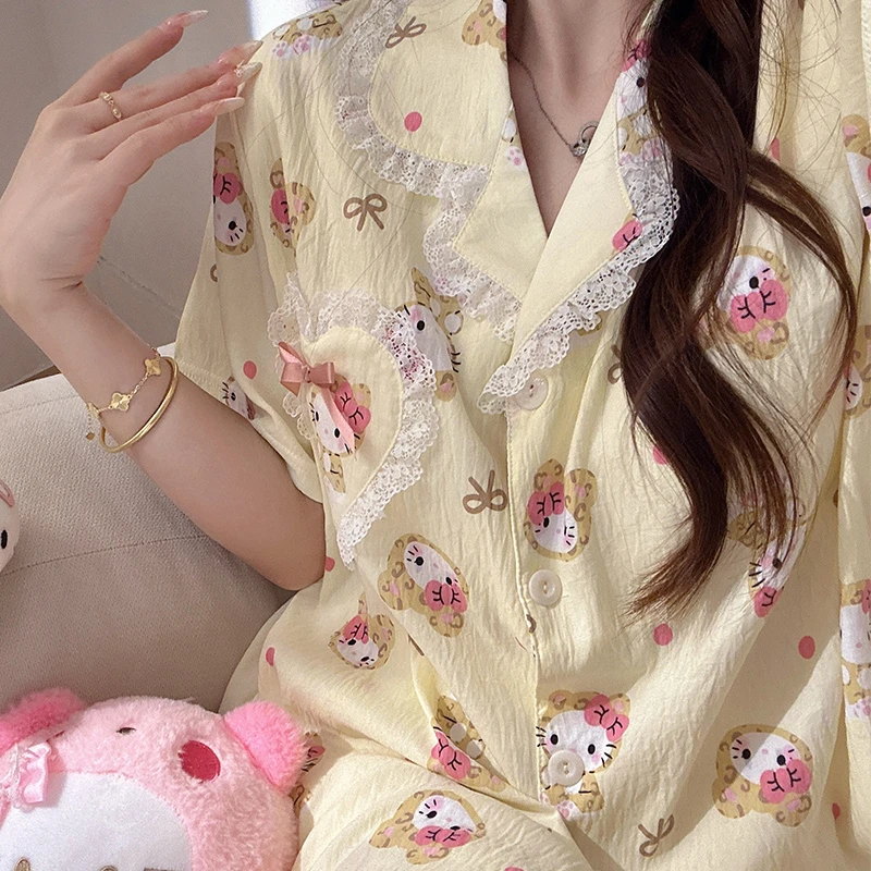 黄色kitty短袖睡衣女夏季2025新款高级少女感甜妹风家居服带胸垫