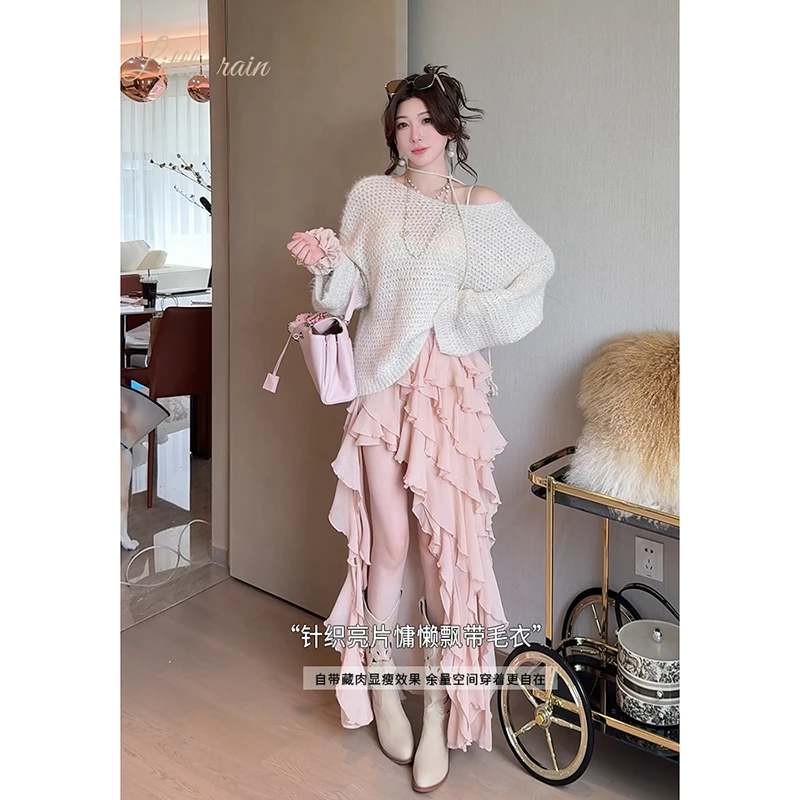 小雨姐姐秋款【织暖柔调】温柔风宽松套头毛衣亮片针织毛衣女加飘带