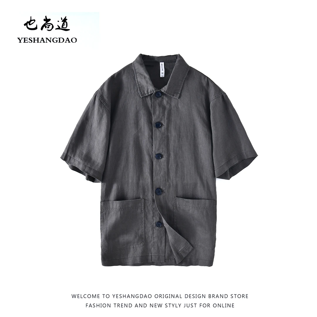 夏季新款纯色亚麻质感短袖衬衫文艺青年个性口袋男士网红款衣服