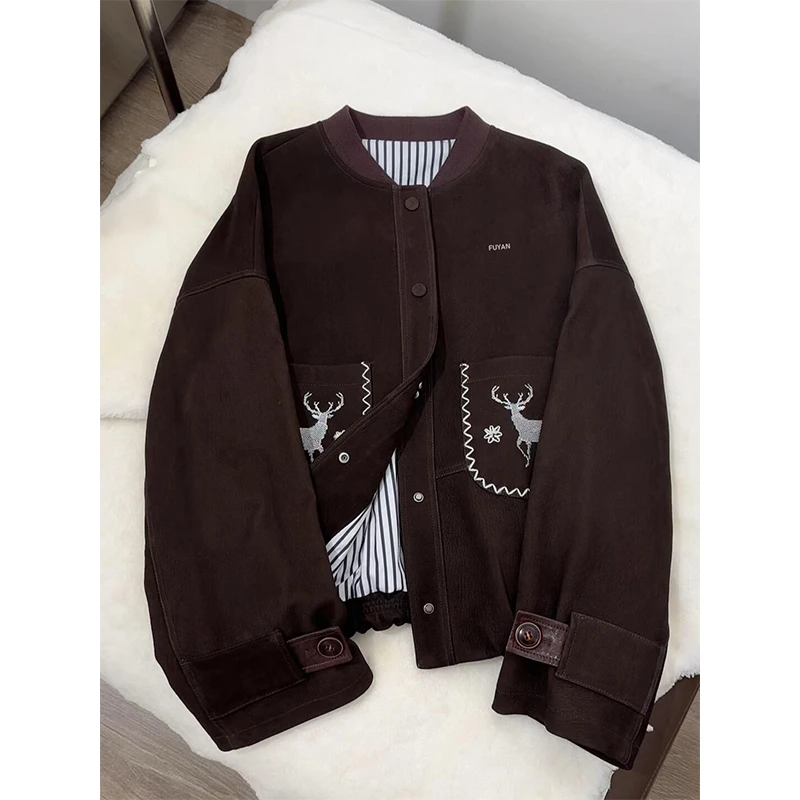 KSKM酱红色工装外套女2025早秋新款美式刺绣设计宽松休闲夹克上衣