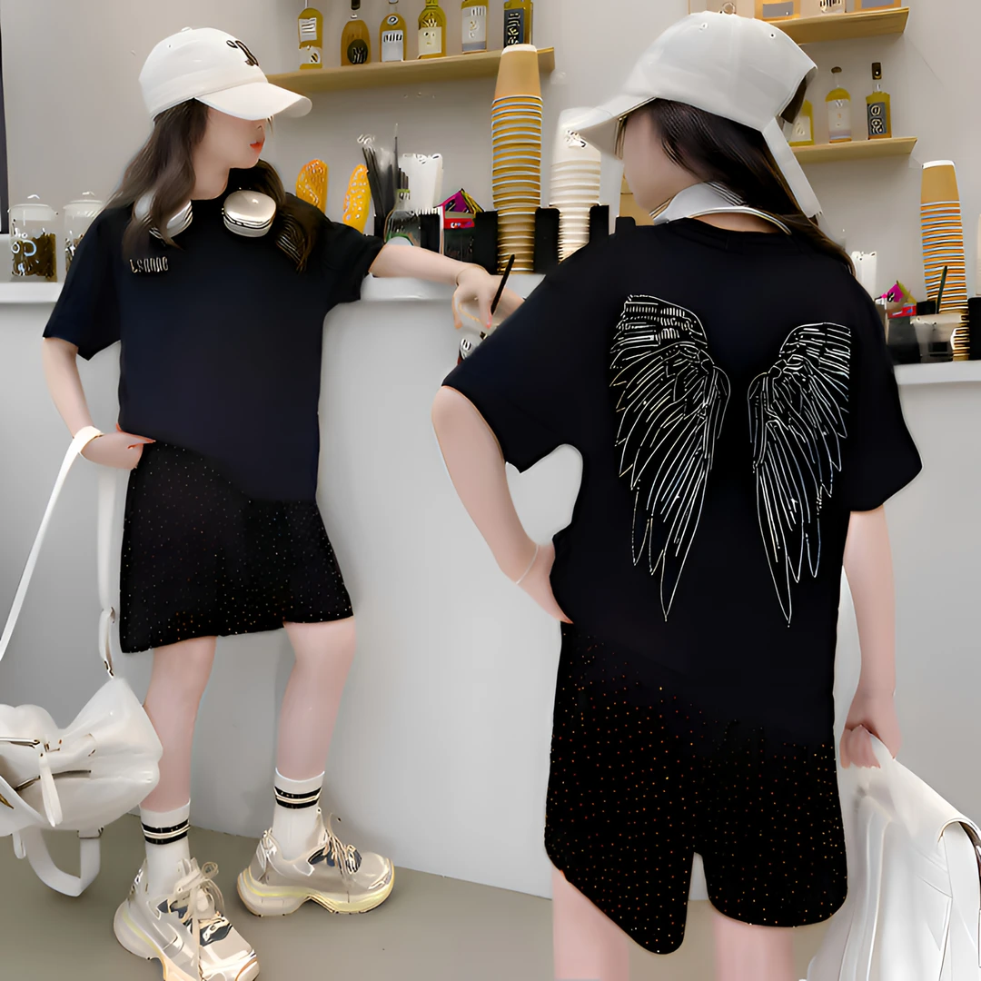 纯棉儿童衣服女童洋气套装男童运动小女孩休闲套装短袖烫钻短裤夏