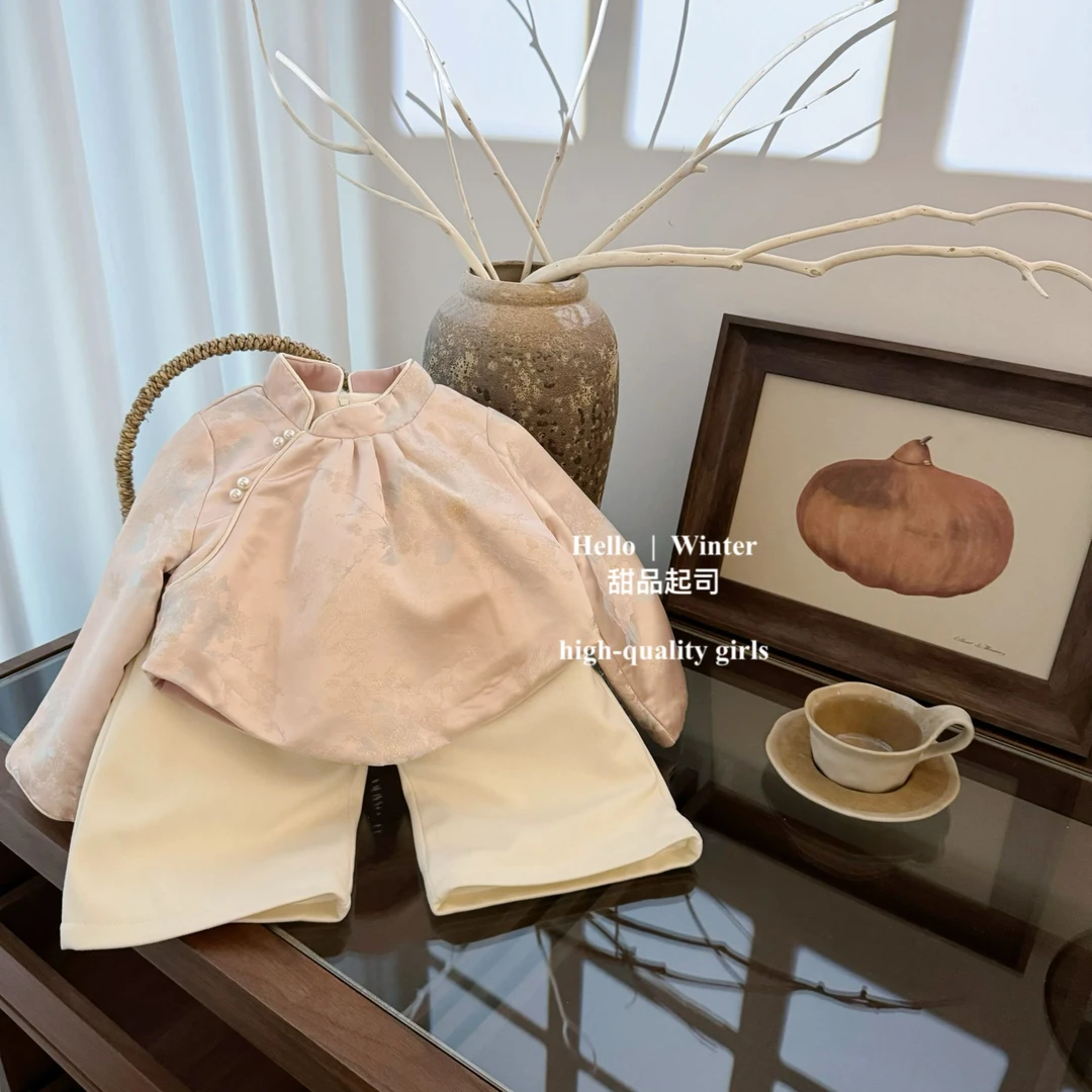 【甜品起司】出水芙蓉！冬季女童新中式国风粉色马甲新年旗袍套装