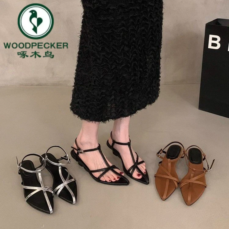 啄木鸟十字细带罗马鞋女外穿2025年夏季新款配裙子坡跟尖头凉鞋