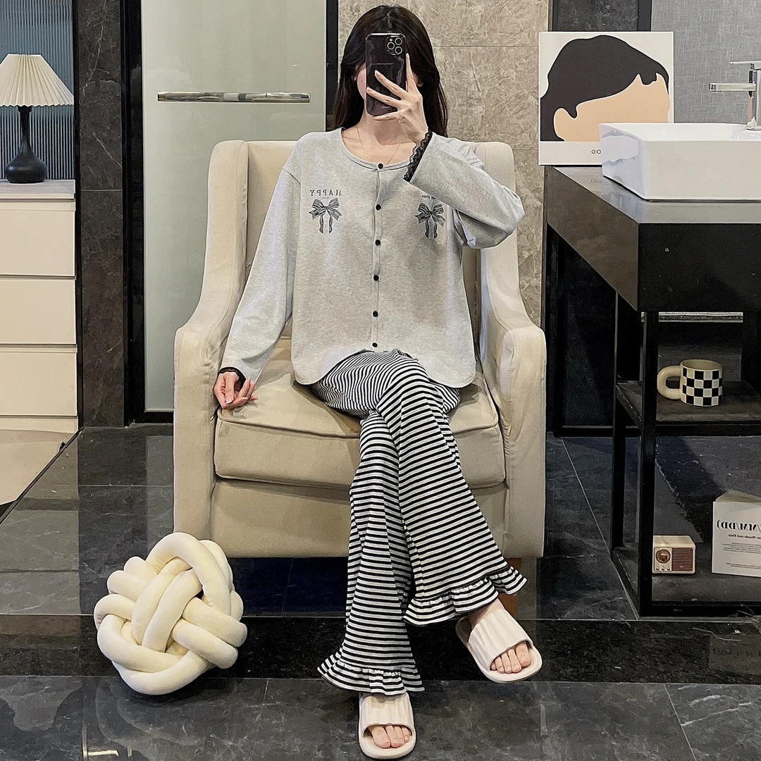 睡衣女春秋季精梳棉长袖大码2025新款浅灰色条纹蝴蝶结套装家居服
