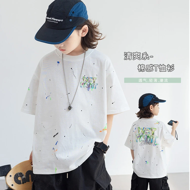 2025夏季男童短袖中大童美式复古彩色泼墨字母休闲百搭T恤/KK6656