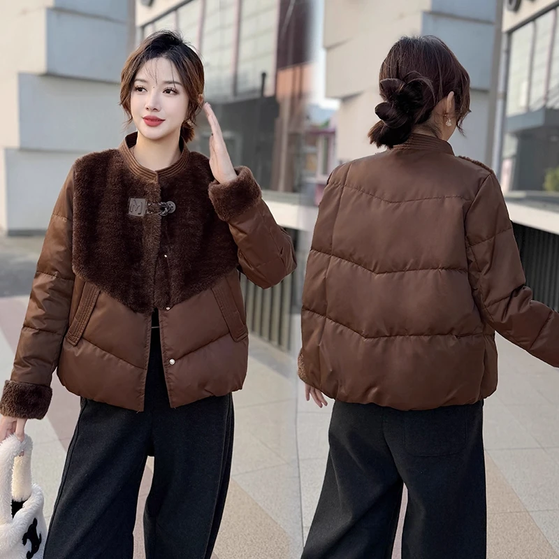 时尚韩版拼接棉服女今年冬季新款时髦洋气圆领加厚保暖短款外套潮