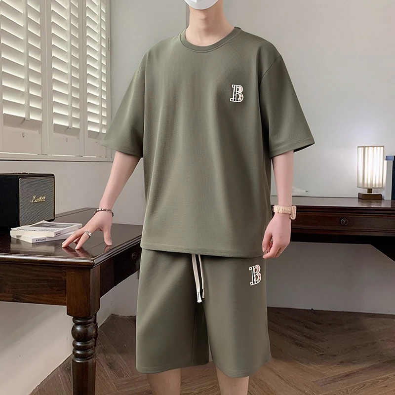 2025年夏季薄款凉感速干透气短袖运动两件套男士宽松大码休闲套装