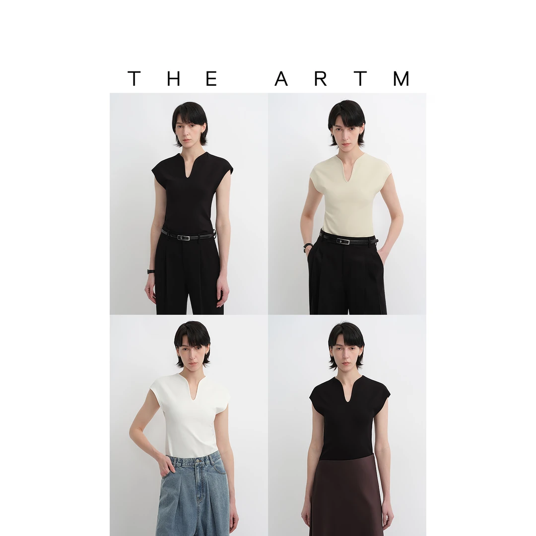 THE ARTM透气凉感异型V领小飞袖夏季T恤高级罗马布休闲上衣女