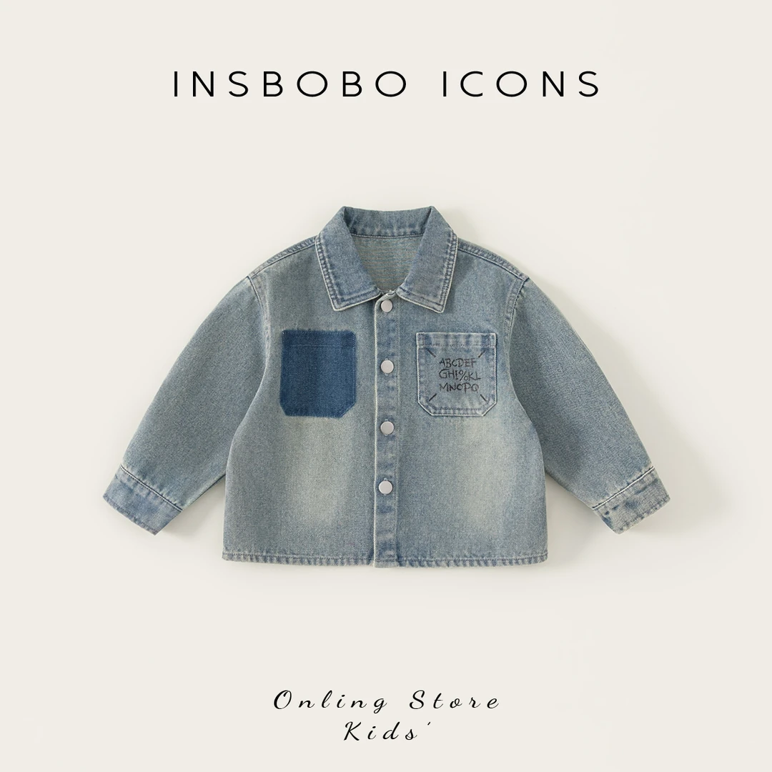 INSbobo儿童牛仔衬衣外套秋季翻领单口袋字母印花牛仔外套QY85002