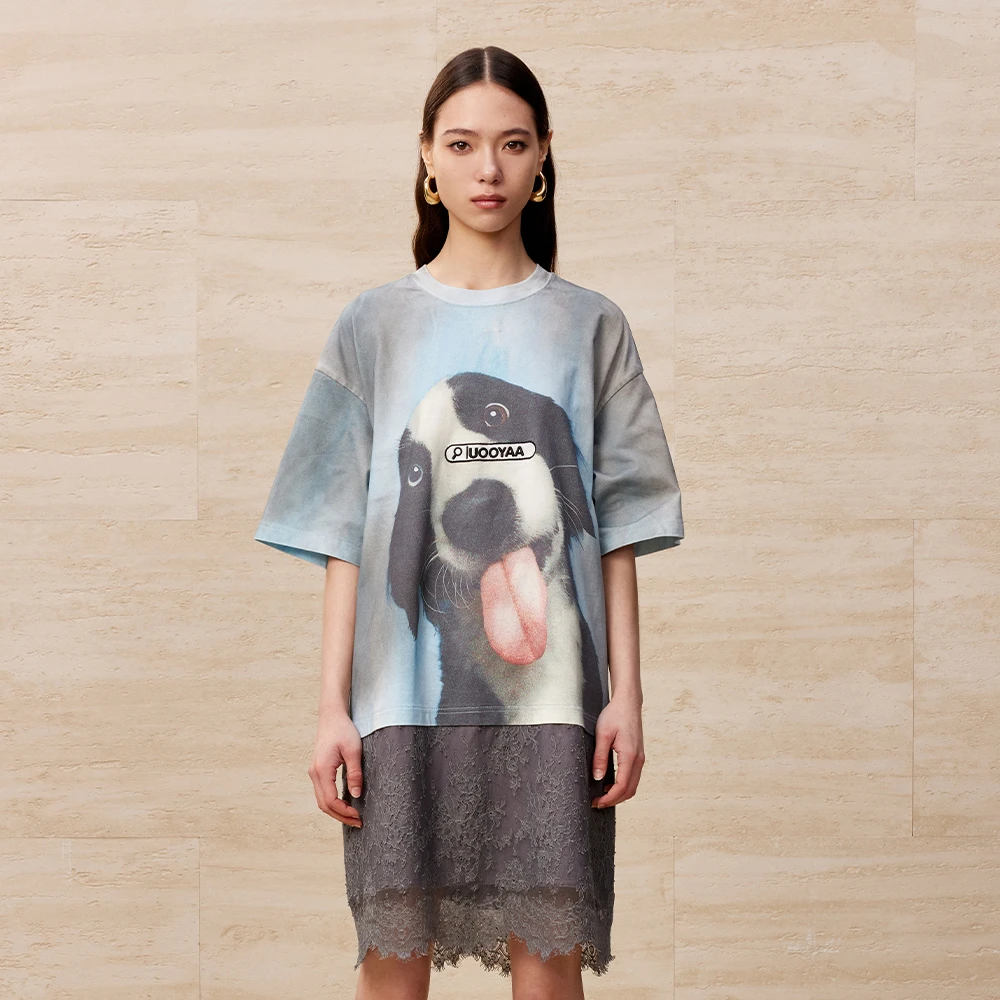 UOOYAA/乌丫「LAB」萌宠印花拼接蕾丝脏洗做旧连衣裙UL24223L106268