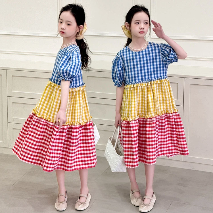 连衣裙公主夏季格纹纯色女童亲子装拼色泡泡袖休闲舒适格子时尚