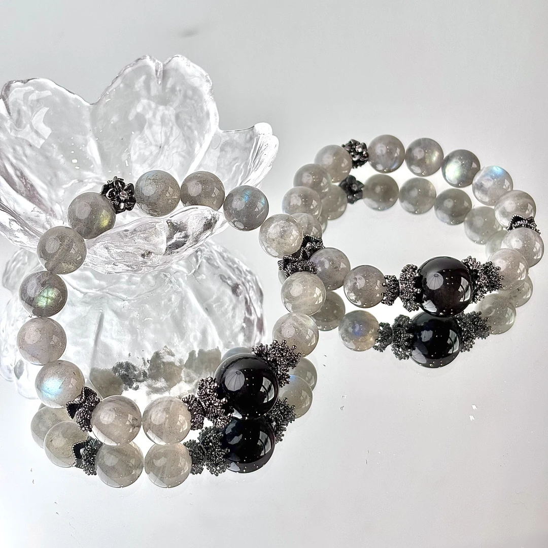 【骑士】16mm银曜石11-12mm灰月光手串面小仙多样性发其一