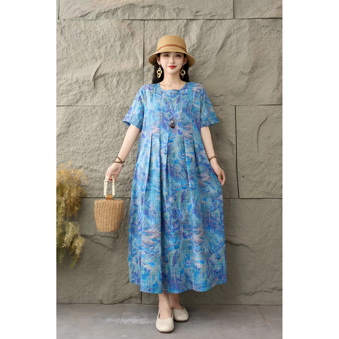 5227夏季新款显瘦气质时尚女百搭休闲文艺复古印花洋气宽松连衣裙