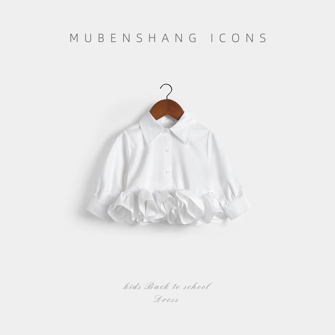 木本尚2025女童衬衫短款荷叶边休闲风翻领衬衣洋气泡泡边白色百搭