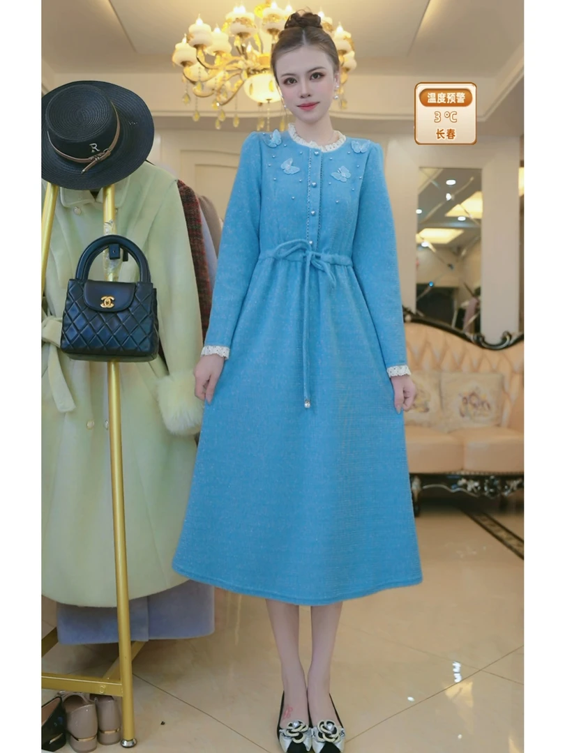 （现货）梦想服饰气质连衣裙秋冬季新款收腰通勤风系带a字裙5016