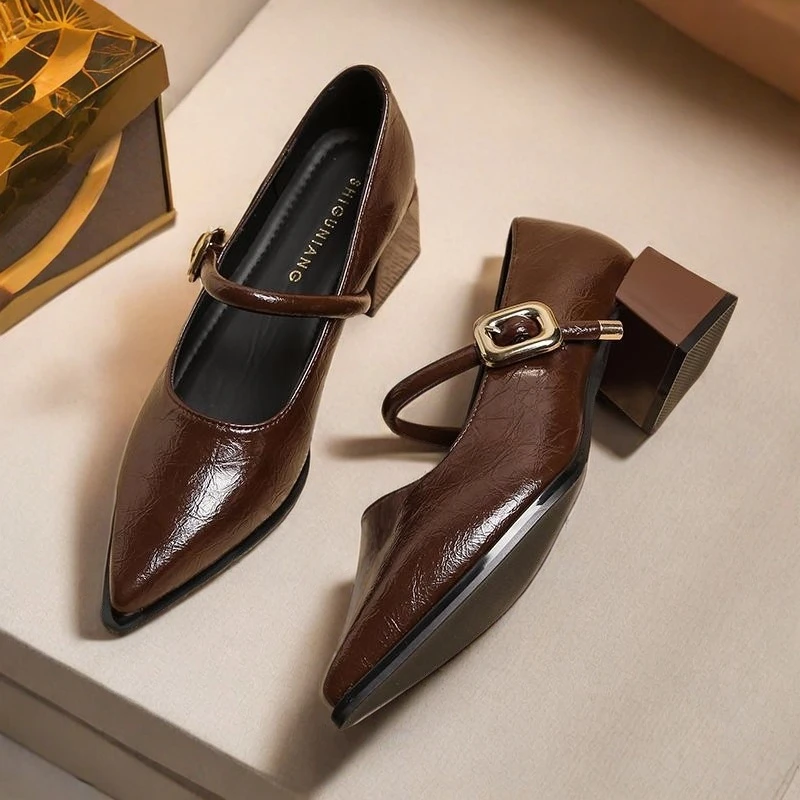 啄木鸟尖头单鞋女春秋粗跟软皮玛丽珍鞋2025新款百搭黑色高跟鞋女