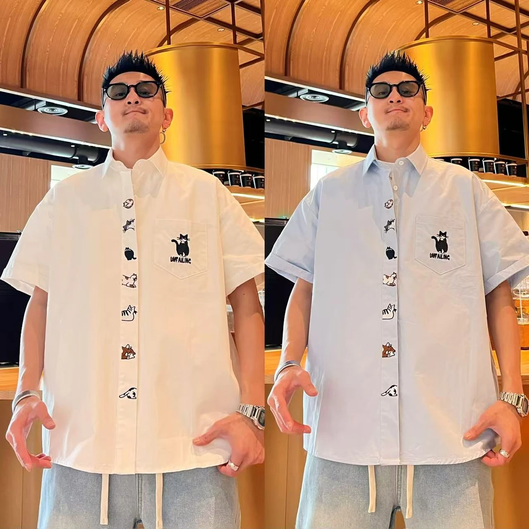 青春活力简约百搭刺绣小猫时尚宽松潮流男女同款纯棉短袖翻领衬衫